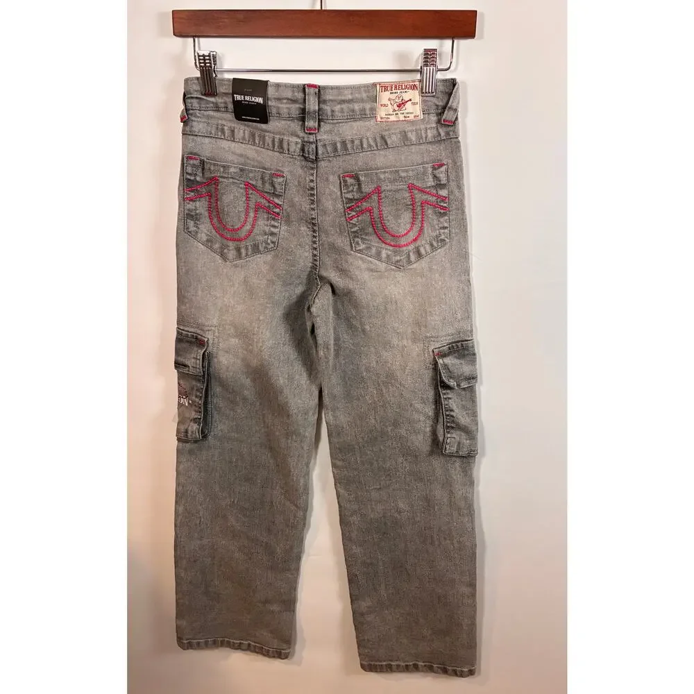 NWT True Religion Leila Mid Rise Wide Leg Grey Jeans Girls Size14 Pink Stitching